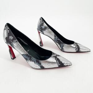 Christian Louboutin Condora 85 Silver Snake Embossed Pointed Toe Pumps EU 38.5